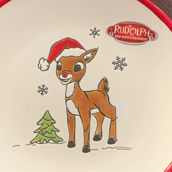 Rudolph in Santa Hat Ceramic Salad Plate - Christmas Tree Snowflakes - Picture 3 of 7